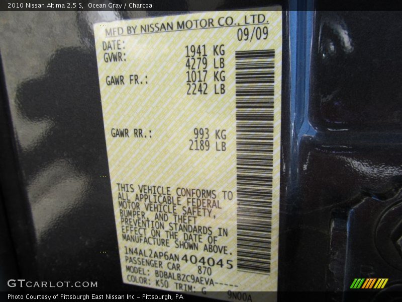 Ocean Gray / Charcoal 2010 Nissan Altima 2.5 S