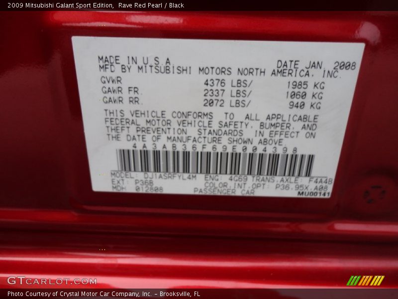 Rave Red Pearl / Black 2009 Mitsubishi Galant Sport Edition