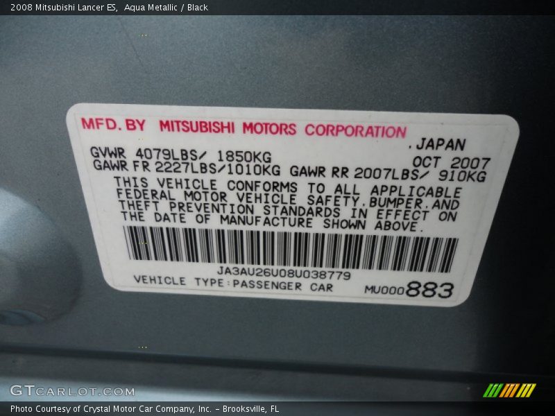 Aqua Metallic / Black 2008 Mitsubishi Lancer ES