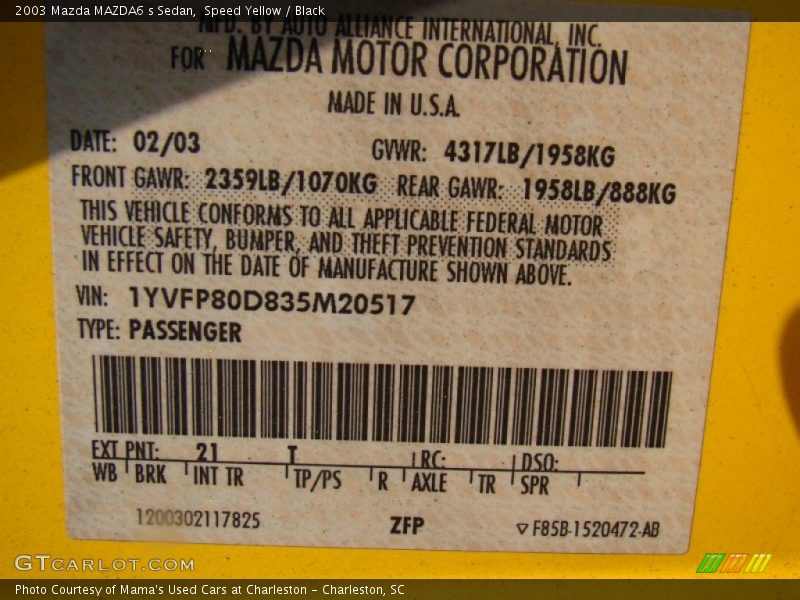 2003 MAZDA6 s Sedan Speed Yellow Color Code 21