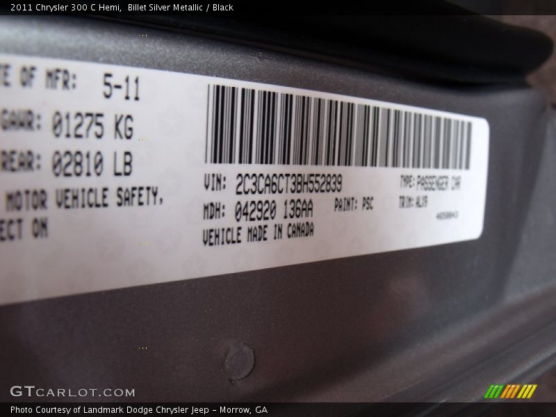 2011 300 C Hemi Billet Silver Metallic Color Code PSC