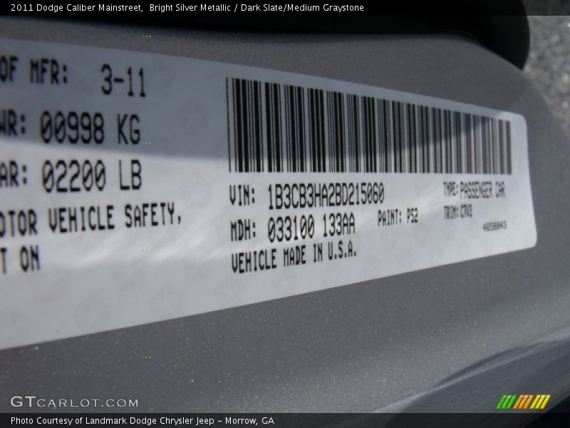 Bright Silver Metallic / Dark Slate/Medium Graystone 2011 Dodge Caliber Mainstreet