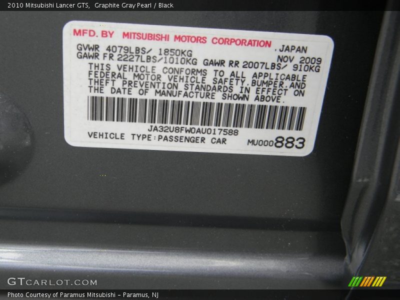 Graphite Gray Pearl / Black 2010 Mitsubishi Lancer GTS