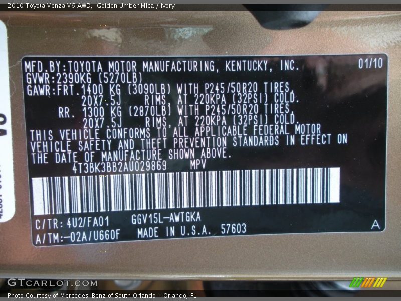 2010 Venza V6 AWD Golden Umber Mica Color Code 4U2