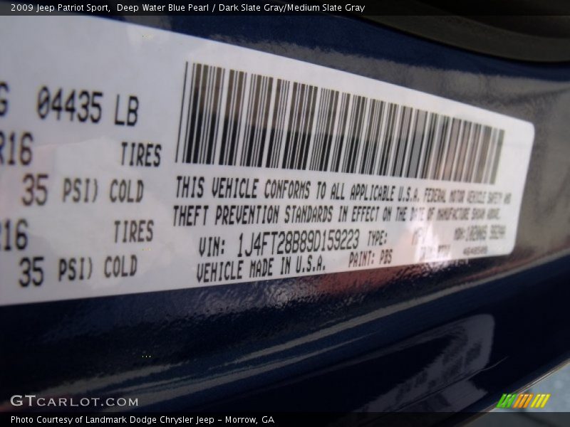 Deep Water Blue Pearl / Dark Slate Gray/Medium Slate Gray 2009 Jeep Patriot Sport