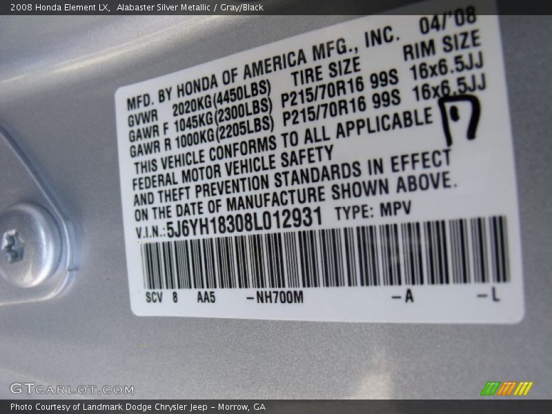 Alabaster Silver Metallic / Gray/Black 2008 Honda Element LX