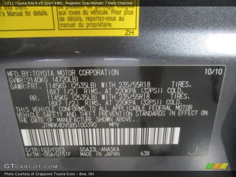 Magnetic Gray Metallic / Dark Charcoal 2011 Toyota RAV4 V6 Sport 4WD
