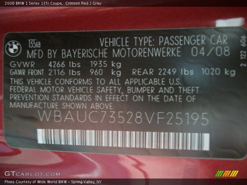 Crimson Red / Grey 2008 BMW 1 Series 135i Coupe