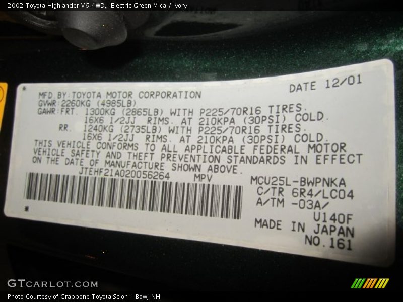 Electric Green Mica / Ivory 2002 Toyota Highlander V6 4WD