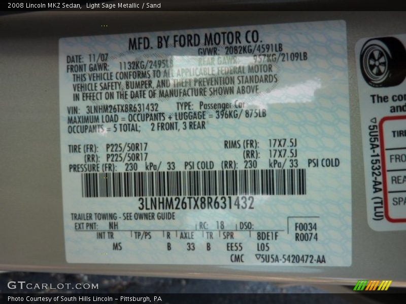 Light Sage Metallic / Sand 2008 Lincoln MKZ Sedan