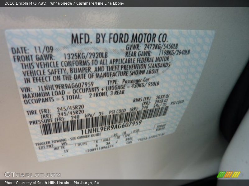 White Suede / Cashmere/Fine Line Ebony 2010 Lincoln MKS AWD
