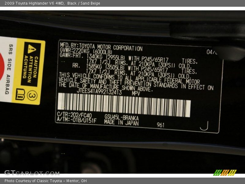 Black / Sand Beige 2009 Toyota Highlander V6 4WD