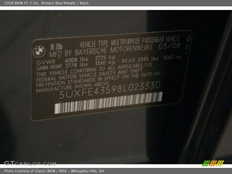 Monaco Blue Metallic / Black 2008 BMW X5 3.0si