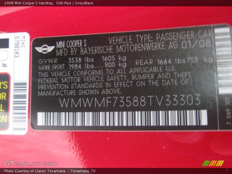 Chili Red / Grey/Black 2008 Mini Cooper S Hardtop