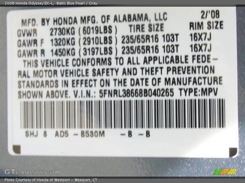 Baltic Blue Pearl / Gray 2008 Honda Odyssey EX-L