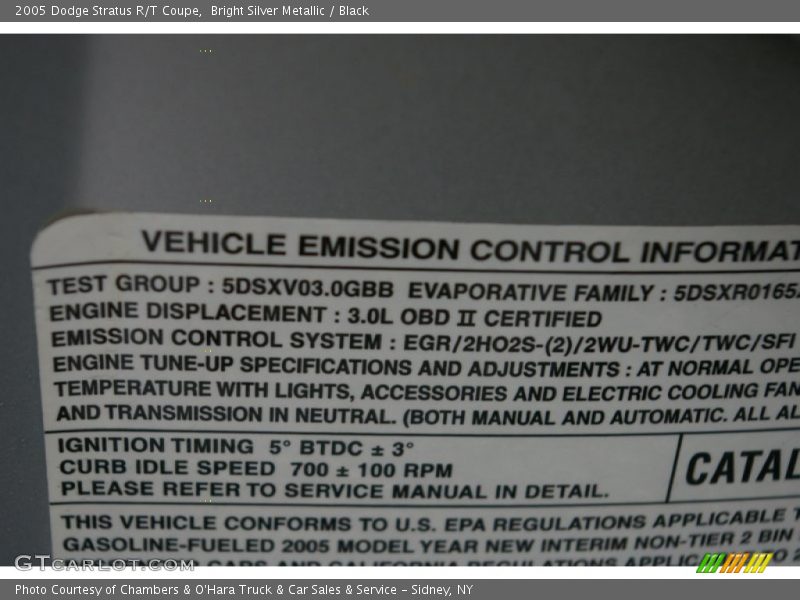 Info Tag of 2005 Stratus R/T Coupe