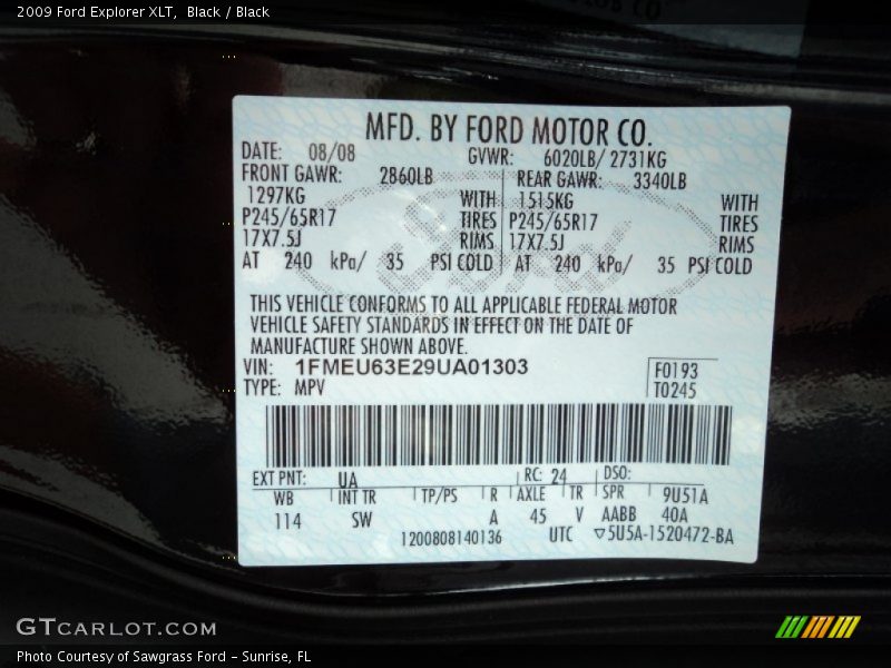 2009 Explorer XLT Black Color Code UA