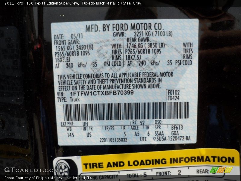 Tuxedo Black Metallic / Steel Gray 2011 Ford F150 Texas Edition SuperCrew