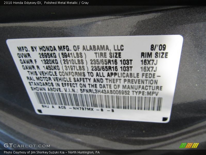 2010 Odyssey EX Polished Metal Metallic Color Code NH737MX
