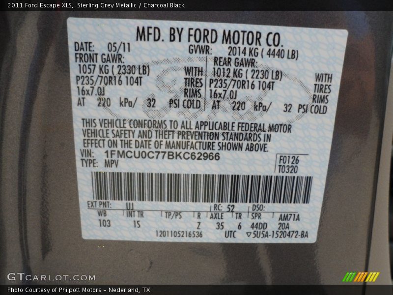 Sterling Grey Metallic / Charcoal Black 2011 Ford Escape XLS