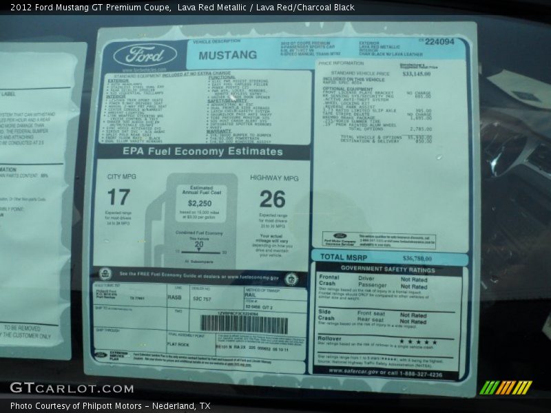  2012 Mustang GT Premium Coupe Window Sticker