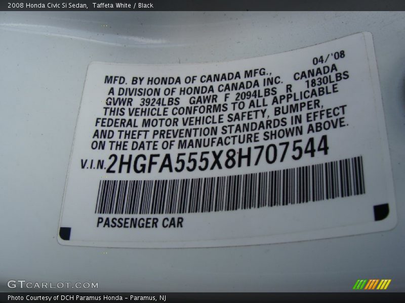 Taffeta White / Black 2008 Honda Civic Si Sedan