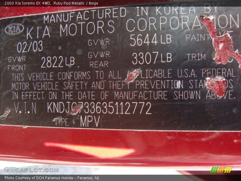 Ruby Red Metallic / Beige 2003 Kia Sorento EX 4WD