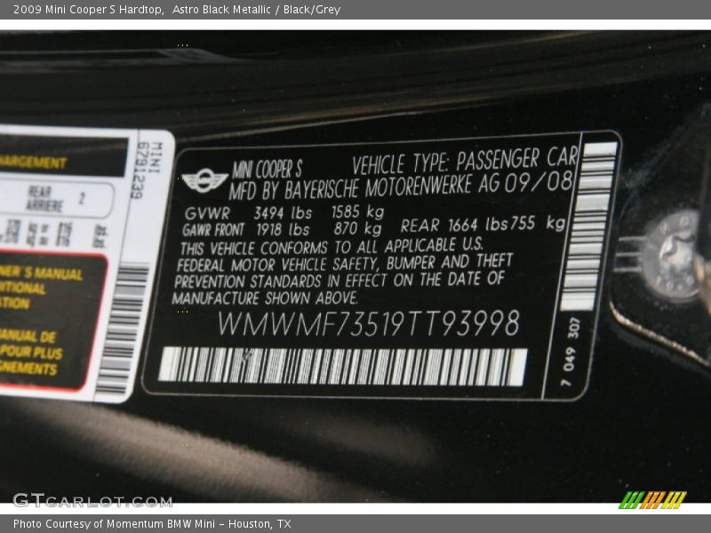 Astro Black Metallic / Black/Grey 2009 Mini Cooper S Hardtop