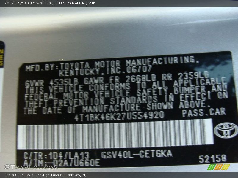 Titanium Metallic / Ash 2007 Toyota Camry XLE V6