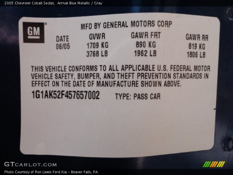 Arrival Blue Metallic / Gray 2005 Chevrolet Cobalt Sedan