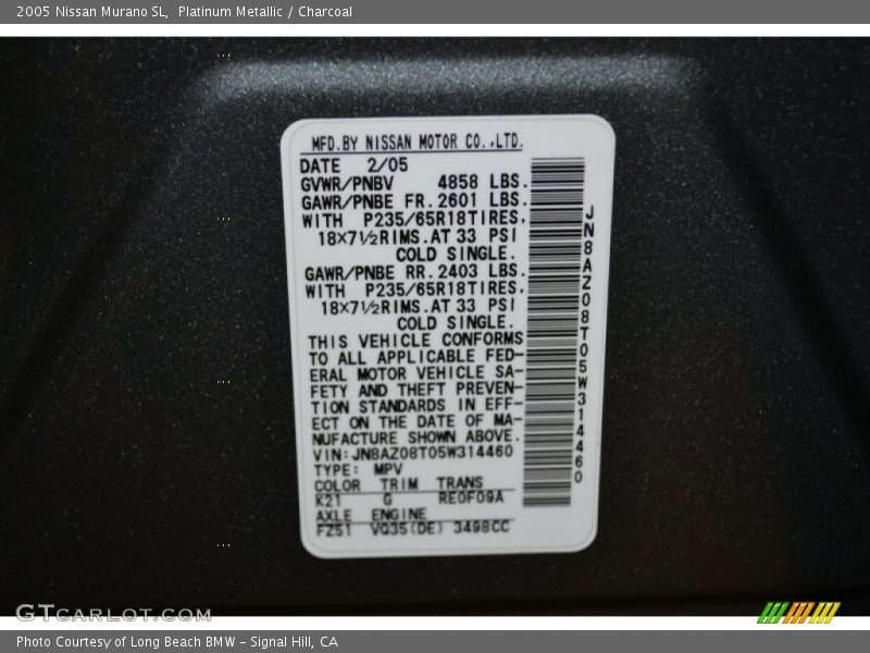 Platinum Metallic / Charcoal 2005 Nissan Murano SL