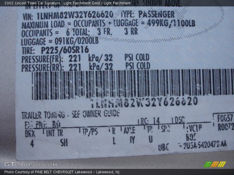 2002 Town Car Signature Light Parchment Gold Color Code BQ