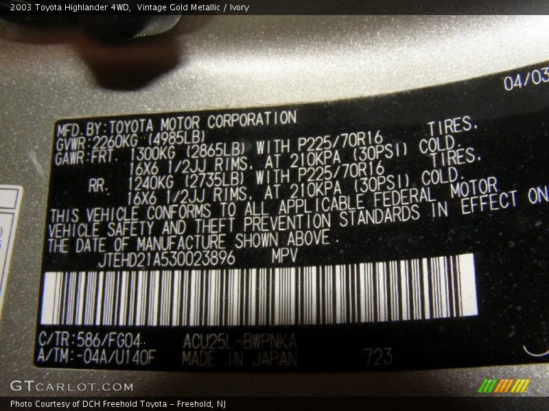 Vintage Gold Metallic / Ivory 2003 Toyota Highlander 4WD