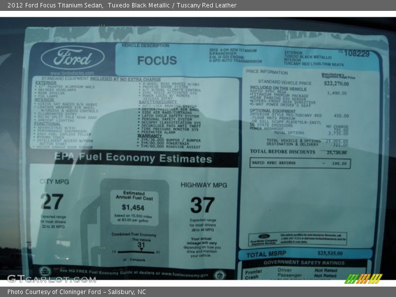  2012 Focus Titanium Sedan Window Sticker
