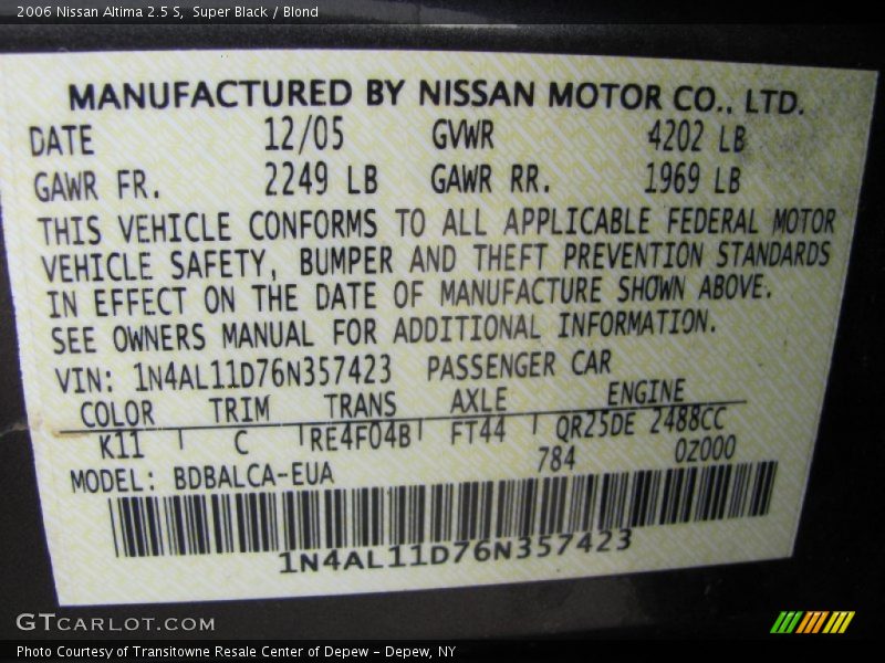 Super Black / Blond 2006 Nissan Altima 2.5 S