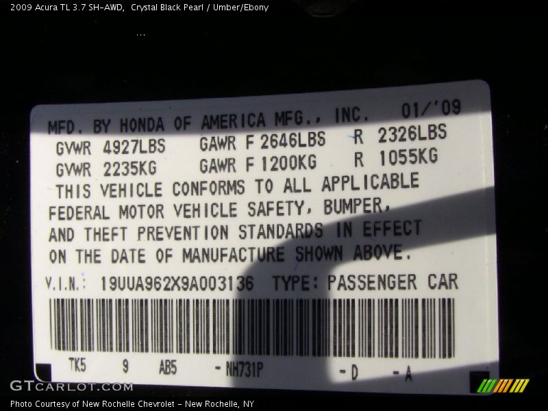 2009 TL 3.7 SH-AWD Crystal Black Pearl Color Code NH731P