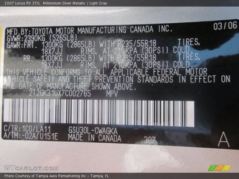 Millennium Silver Metallic / Light Gray 2007 Lexus RX 350