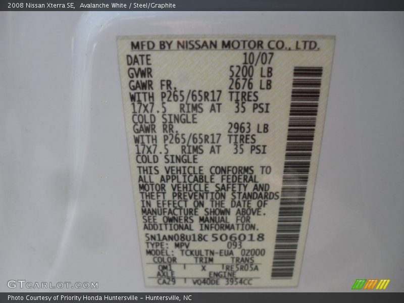 Avalanche White / Steel/Graphite 2008 Nissan Xterra SE