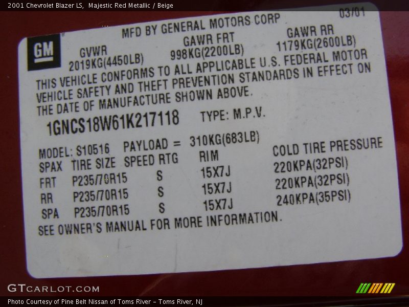 Info Tag of 2001 Blazer LS