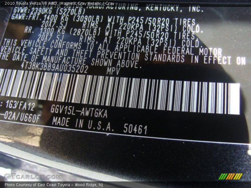 Magnetic Gray Metallic / Gray 2010 Toyota Venza V6 AWD