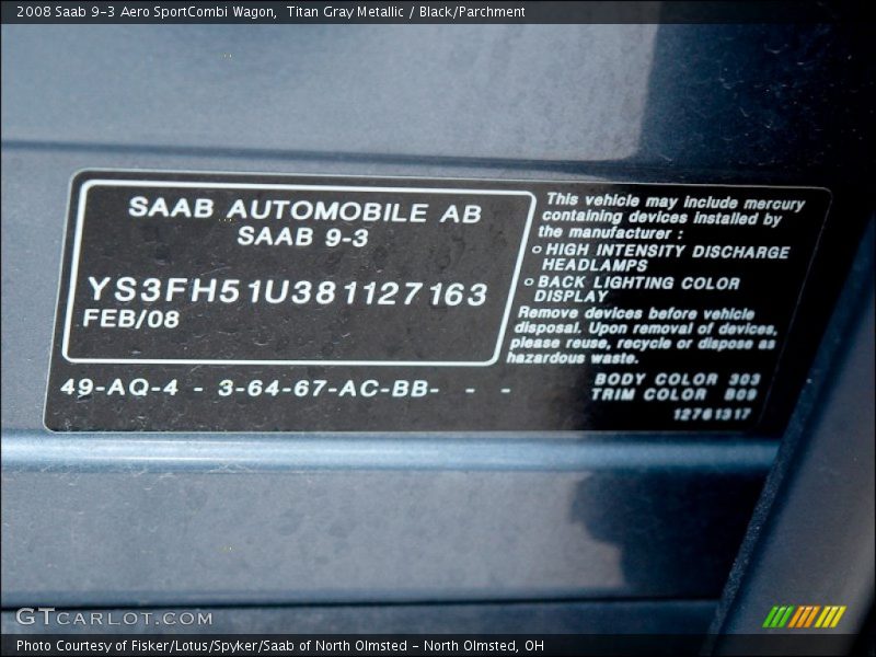 2008 9-3 Aero SportCombi Wagon Titan Gray Metallic Color Code 303