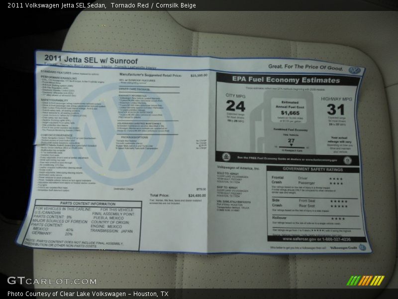 Tornado Red / Cornsilk Beige 2011 Volkswagen Jetta SEL Sedan