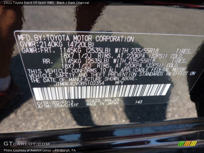 Black / Dark Charcoal 2011 Toyota RAV4 V6 Sport 4WD