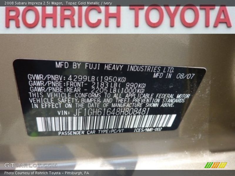 Topaz Gold Metallic / Ivory 2008 Subaru Impreza 2.5i Wagon