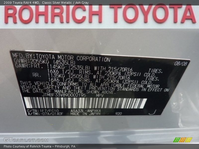 Classic Silver Metallic / Ash Gray 2009 Toyota RAV4 4WD