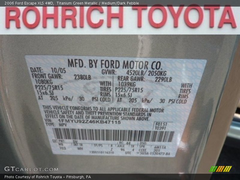 Titanium Green Metallic / Medium/Dark Pebble 2006 Ford Escape XLS 4WD