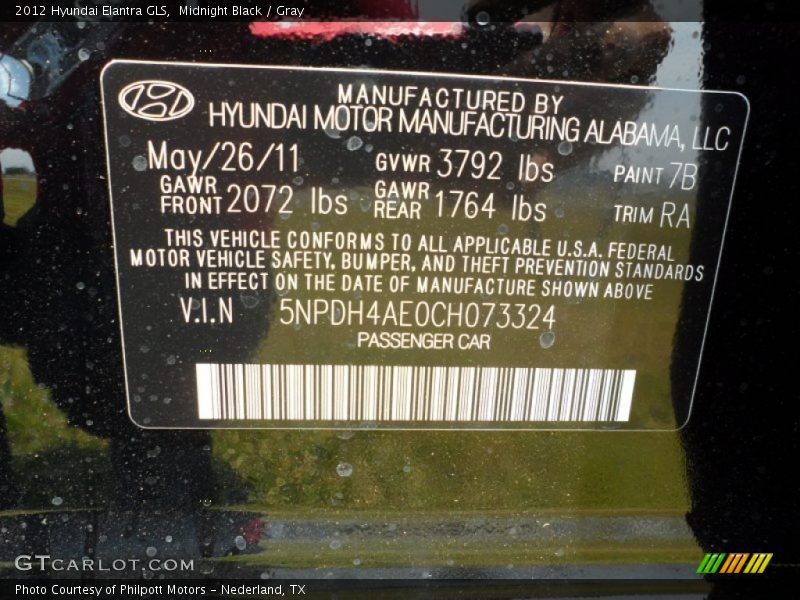 2012 Elantra GLS Midnight Black Color Code 7B