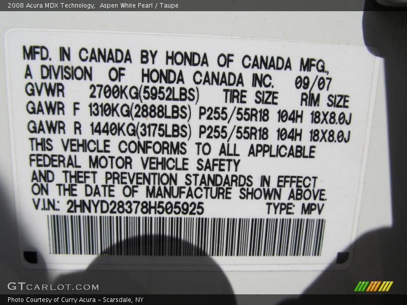 Aspen White Pearl / Taupe 2008 Acura MDX Technology