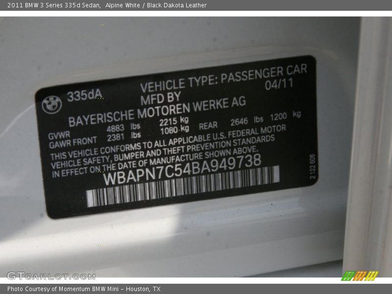 Alpine White / Black Dakota Leather 2011 BMW 3 Series 335d Sedan