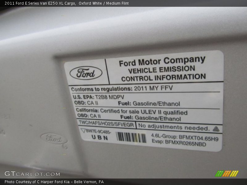 Info Tag of 2011 E Series Van E250 XL Cargo